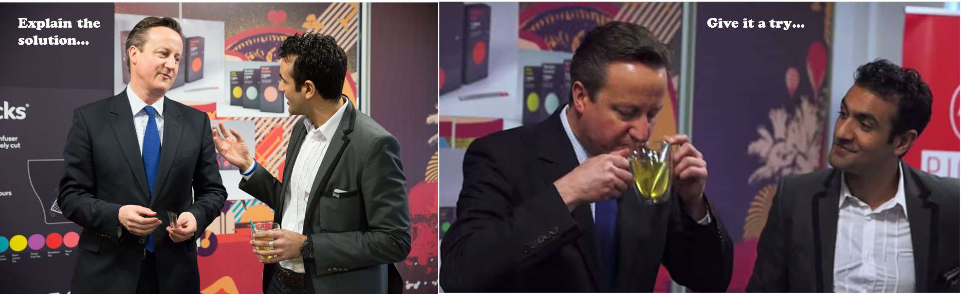Former Prime Minister David Cameron explain and try T Sticks Premium Tea Sticks London United Kingdom